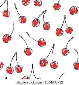 Cute hand drawn cherry seamless pattern. Linear black cherry with red spots on a white background. Perfect for printing design on a fabric or paper