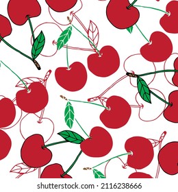 Un patrón de cereza sin costuras dibujado a mano. Cereza roja con trazo negro sobre fondo blanco. El diseño es bueno para imprimir tejidos o papel