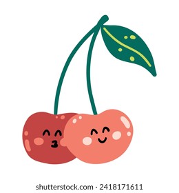 Cute hand drawn cherry smiling. Kawaii funny fruit character for kids.