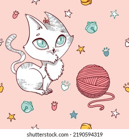 Cute Hand Drawn Chibi Vector Cat With Simple Vector Cat Bells, Stars, Hearts Seamless Pattern