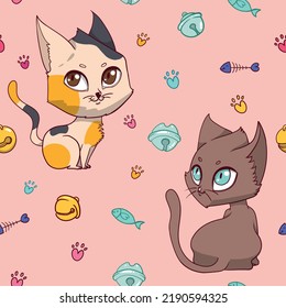 Cute Hand Drawn Chibi Vector Cats With Simple Cat Bells Seamless Pattern