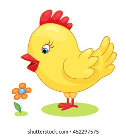 Cute hand drawn chick cock chicken yellow kids cartoon vector illustration on white background. Baby shower isolated Easter card design