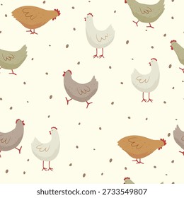 Cute hand drawn chicken and dots different sizes on white background. Vector illustration with cute farm animals for fabric, card, wrapping paper.