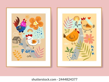 Cute hand drawn chicken, hen, rooster poultry farm animal  for kids poster, wall art, prints and cards vector illustration.