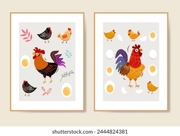 Lindo pollo dibujado a mano, gallina, gallo animal de granja de aves de corral para los niños póster, arte de la pared, estampados y tarjetas de Ilustración vectorial.