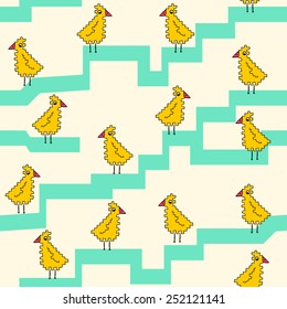 Cute hand drawn chicken on green lines seamless pattern, stylish background, summer bright colors (also saved in swatches panel)