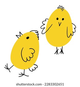 Cute hand drawn chicken set. Funny yellow doodle chickens in different poses for Easter designs. Vector simple illustration on white background.