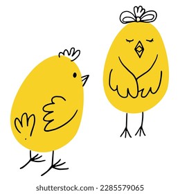 Juego de pollo con mano. Divertidos pollos amarillos en diferentes poses para diseños de Pascua. Ilustración vectorial simple sobre fondo blanco.