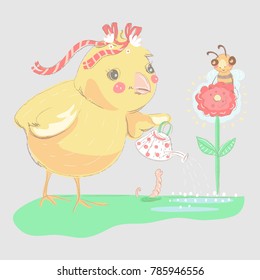 Cute, hand drawn chicken with tied bow and can watering the flower with a bee. Vintage, sketchy illustration