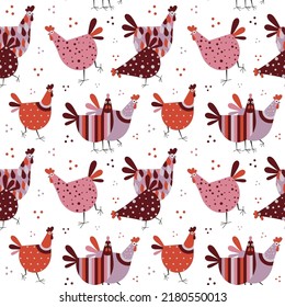 Cute hand drawn chickens and hens pattern. Funny domestic poultry bird seamless background. Happy Easter chick design for prints, textiles and fabric designs.