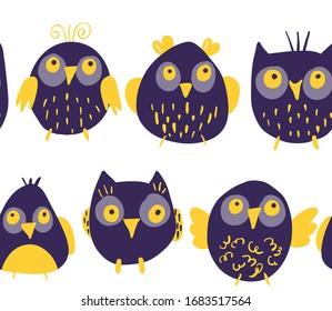 Cute Hand drawn chickens and owls, seamless pattern