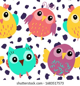 Cute Hand drawn chickens and owls, seamless pattern