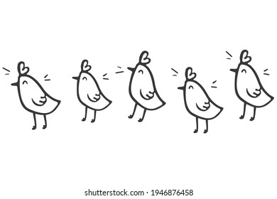 Cute hand drawn chickens pattern. Horizontal banner. Easter wallpaper, backdrop for coloring book page. Doodle vector illustration isolated on white.