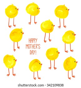 Cute hand drawn chicks pattern. Watercolor funny baby chickens. Watercolor / acrylic kids Mothers Day art. Cartoon vector eps 10 illustration on white background. Baby shower / Easter card design