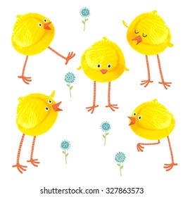 Cute hand drawn chicks set. Watercolor funny baby chickens. Watercolor / acrylic yellow kids corkprint craft. Cartoon vector eps 10 illustration on white background. Baby shower / Easter card design