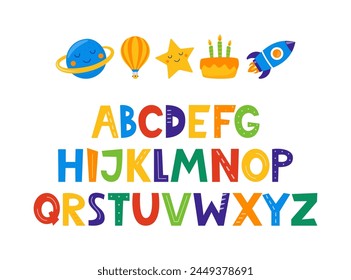 Cute hand drawn childish alphabet. Hand drawn ABC for poster, logo, greeting card, banner, children's room decor. Set of handdrawn letters and objects, vector