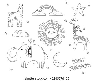 Cute hand drawn childish illustration in black and white. Kids coloring pages. Animal, fairytale, summer characters for kids and baby. Elephant, giraffe, sun, rainbow, star, clouds, moon.