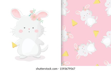 Cute hand drawn chinchilla with piece of cheese with seamless pattern set vector