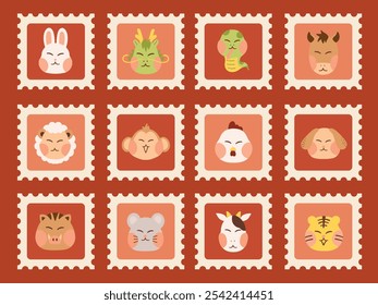 Cute hand drawn chinese new year sticker pack stamps 12 chinese zodiac rabbit dragon snake ox goat sheep lamb monkey chicken dog boar pig mouse rat cow tiger