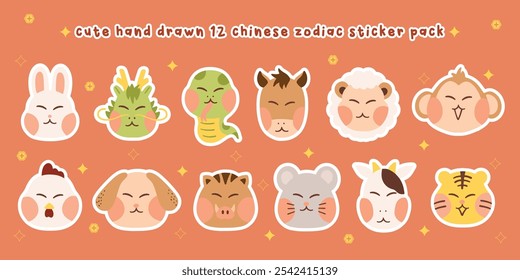 Cute hand drawn chinese new year sticker pack stamps 12 chinese zodiac rabbit dragon snake ox goat sheep lamb monkey chicken dog boar pig mouse rat cow tiger