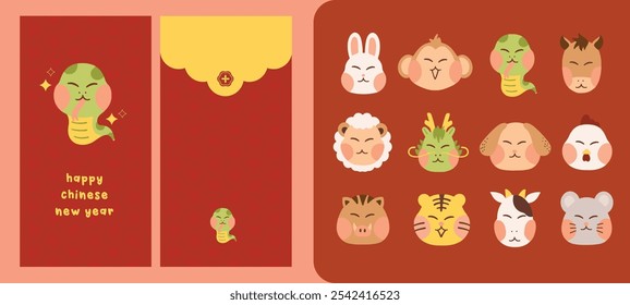 Cute hand drawn chinese new year sticker pack angpao hongpao 12 chinese zodiac rabbit dragon snake ox goat sheep lamb monkey chicken dog boar pig mouse rat cow tiger