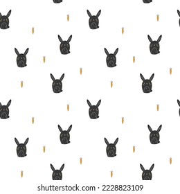 Cute hand drawn Chinese zodiac Rabbit Year seamless vector pattern. Fun design. Kawaii animal sign background for wrapping paper, print, packaging, gift, card, fabric, wallpaper, textile, apparel.