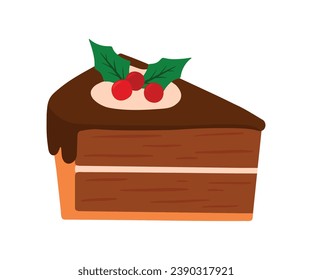 Cute hand drawn Choco Cake Slice with holly berry leaves topping pastry sweet food dessert cartoon vector illustration isolated on white background for birthday party, thanksgiving and christmas