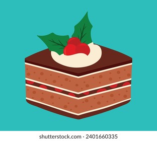 Cute hand drawn Choco Cake with holly berry topping pastry sweet food dessert cartoon vector illustration isolated on white background for christmas