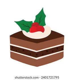 Cute hand drawn Choco Cake with holly berry topping pastry sweet food dessert cartoon vector illustration isolated on white background for christmas