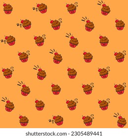 Cute Hand Drawn Chocolate Cupcake Character Seamless Pattern