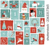 Cute hand drawn Christmas advent calendar. Lovely doodle drawings, vector design