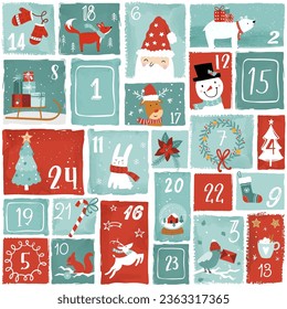 Cute hand drawn Christmas advent calendar. Lovely doodle drawings, vector design