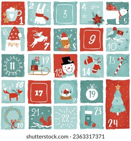 Cute hand drawn Christmas advent calendar. Lovely doodle drawings, vector design