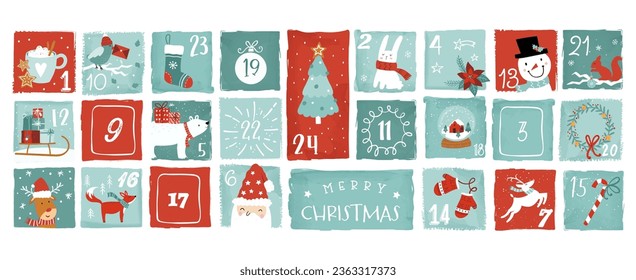 Cute hand drawn Christmas advent calendar. Lovely doodle drawings, vector design