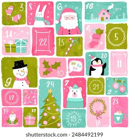 Cute hand drawn Christmas advent calendar. Lovely doodle drawings, vector design