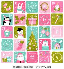 Cute hand drawn Christmas advent calendar. Lovely doodle drawings, vector design