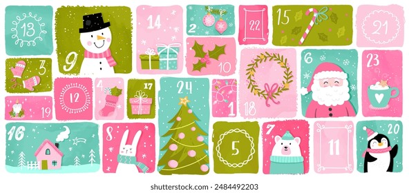 Cute hand drawn Christmas advent calendar. Lovely doodle drawings, vector design