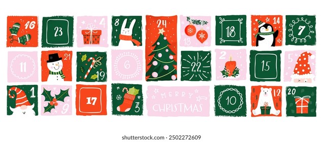 Cute hand drawn Christmas advent calendar. Lovely doodle drawings, vector design