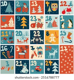 Cute hand drawn Christmas advent calendar. Merry Christmas. Surprise cards. Lovely doodle drawings, vector design.Vector illustration 