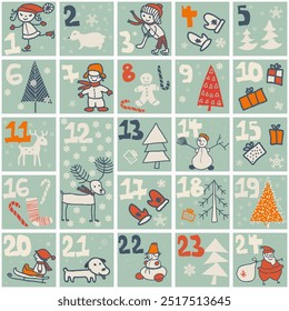 Cute hand drawn Christmas advent calendar with Santa Claus, snowman, candies, gifts, christmas trees, deer. Countdown holiday calendar. Doodles. Surprise cards. Vector illustration