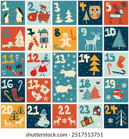 Navidades dibujadas a mano lindas calendario de adviento con Santa Claus, muñeco de nieve, caramelos, regalos, árboles de Navidad, ciervos. Calendario de vacaciones de cuenta atrás. Garabatos. Tarjetas sorpresa. Ilustración vectorial