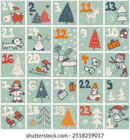 Cute hand drawn Christmas advent calendar with Santa Claus, snowman, candies, gifts, christmas trees, deer. Countdown holiday calendar. Doodles. Surprise cards. Vector illustration