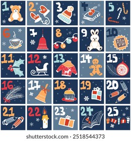 Cute hand drawn Christmas advent calendar. Countdown holiday calendar. Doodles. Surprise cards. Vector illustration
