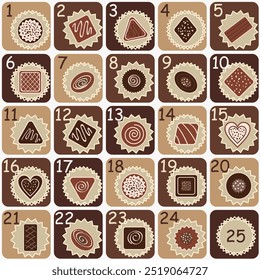 Cute hand drawn Christmas advent calendar with chocolate candies different types and forms. Countdown holiday calendar. Doodles. Surprise cards. Vector illustration