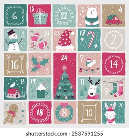 Calendário bonito do advento do Natal desenhado à mão. Desenhos adoráveis, design vetorial