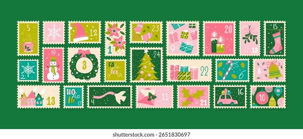 Cute hand drawn Christmas advent calendar. Lovely doodle drawings, vector design