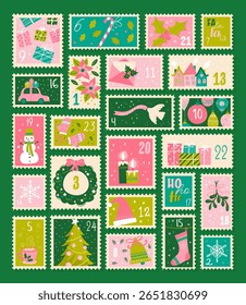 Cute hand drawn Christmas advent calendar. Lovely doodle drawings, vector design