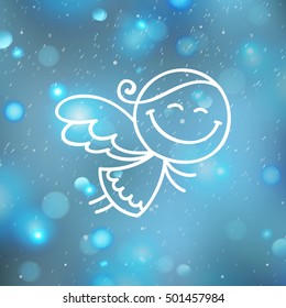 cute hand drawn christmas angel on blurred background, vector illustration for christmas greeting card