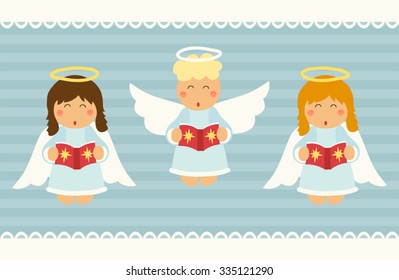 Cute hand drawn Christmas angels characters singing festive songs
