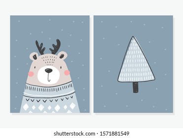 Cute hand drawn Christmas bear - vector poster. Great for designing baby clothes.